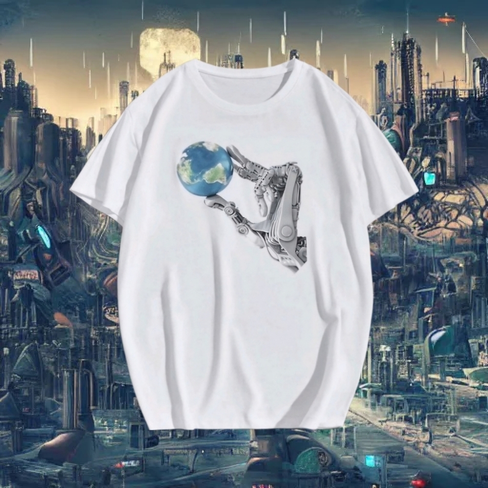 Men's Sci-Fi Cyberpunk Android Mechanic World Graphic White Crew T-Shirt, S